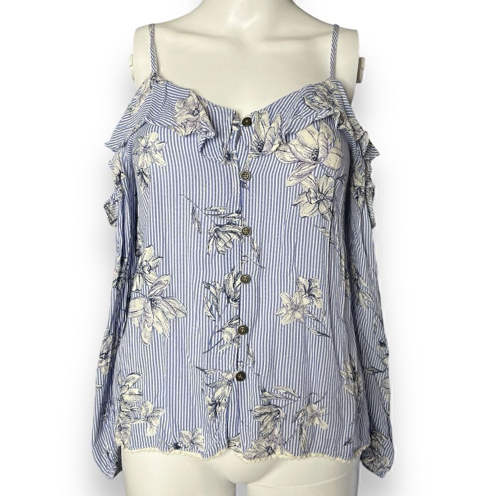 Jolt Striped Floral Cold Shoulder Top Blue & White Size XS